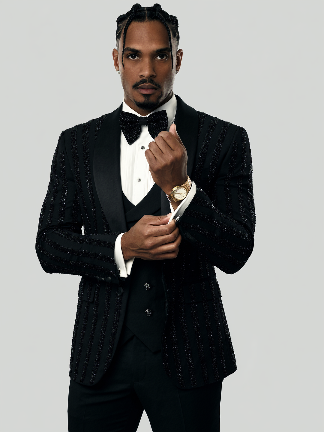 Men's Black Hand Beaded Leaf Embroidery Single Breasted 2-Piece Suit – Custom Made