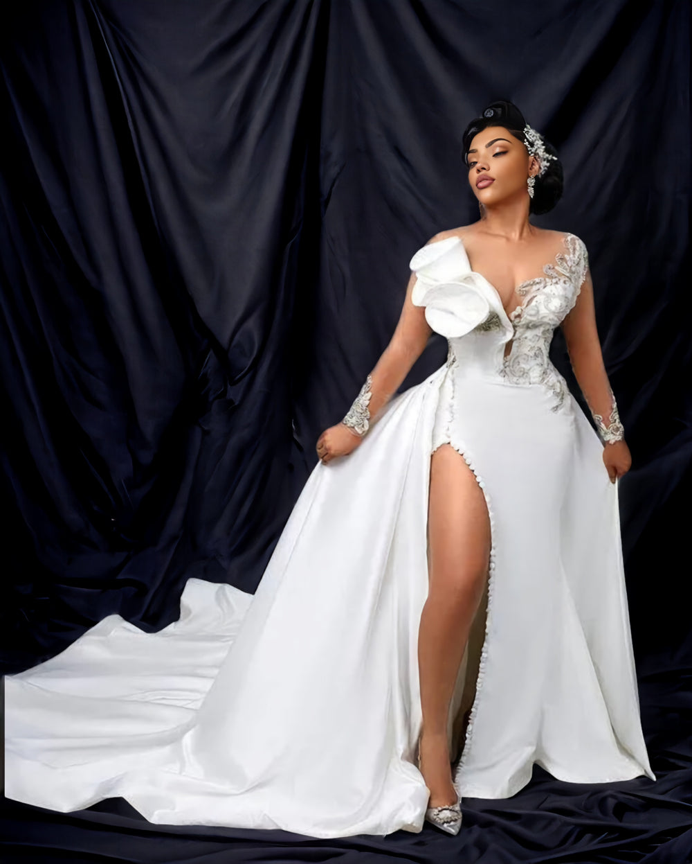 Elegance Enthroned: Plus Size Satin Mermaid Bridal Gown with Lace Appliqué and Detachable Train