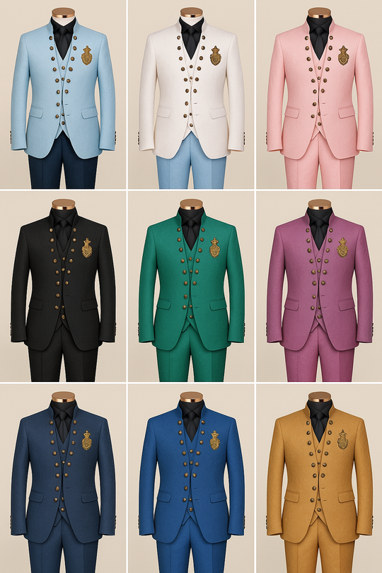 Men's Luxury Brocade Embroidered 3-Piece Suit with Gold Crest - Custom Tailored Multi-Color Options