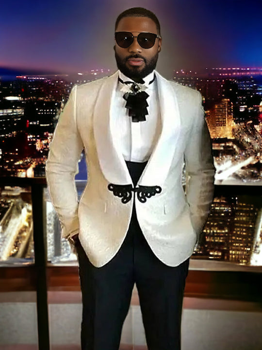 Jordan White Jacquard Blazer 3-piece SlimFit Suit (Blazer + Pants + Vest / Standard or Custom)