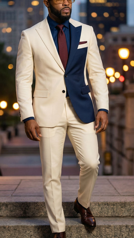 Navy Contrast Panel Modern Suit – Cream & Blue, Contemporary Tailored Fit - ENE TRENDS -custom designed-personalized- tailored-suits-near me-shirt-clothes-dress-amazon-top-luxury-fashion-men-women-kids-streetwear-IG-best