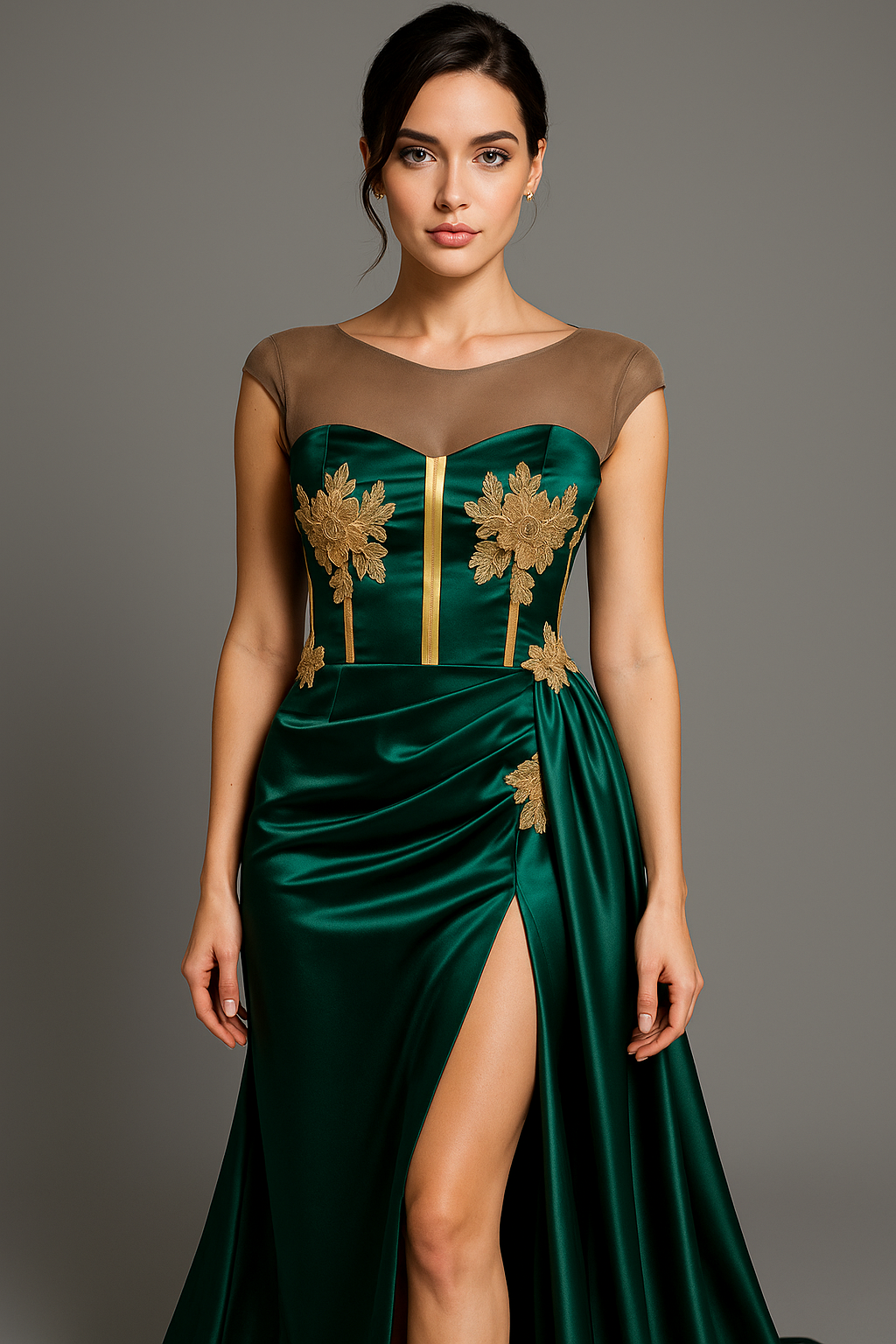 Emerald green gold trim dress