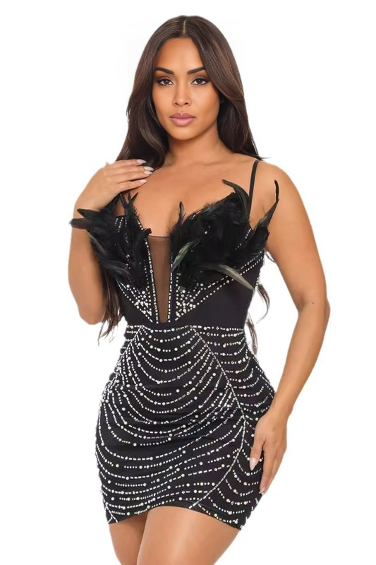 FASHION PARTY NIGHT CLUB DRESS BLACK FEATHER STONES