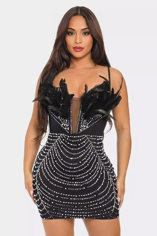 FASHION PARTY NIGHT CLUB DRESS BLACK FEATHER STONES