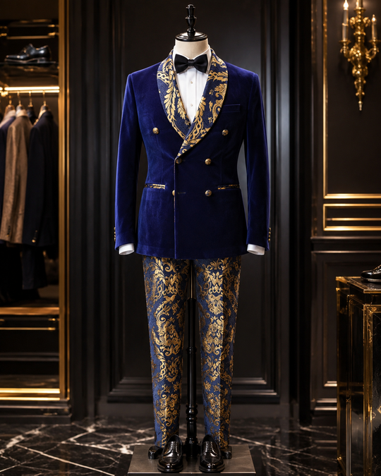 Men's Luxury Velvet Double Breasted Blazer Gold Leaf Design Shawl Lapel Pants 2 Piece Suit - ENE TRENDS -custom designed-personalized- tailored-suits-near me-shirt-clothes-dress-amazon-top-luxury-fashion-men-women-kids-streetwear-IG-best