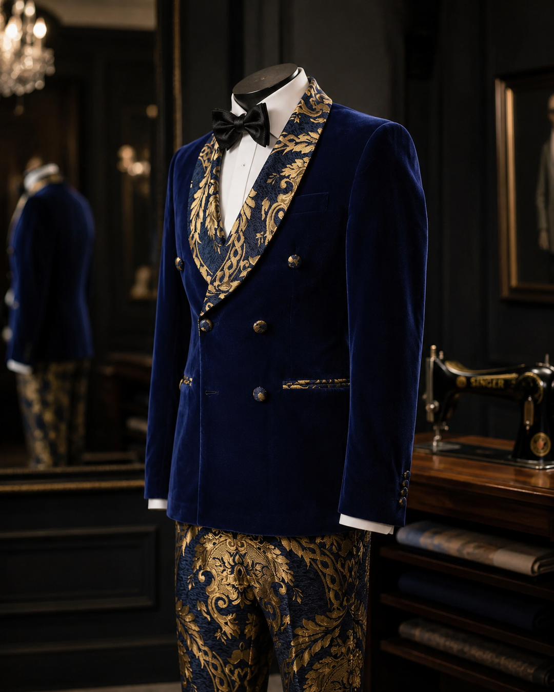 Men's Luxury Velvet Double Breasted Blazer Gold Leaf Design Shawl Lapel Pants 2 Piece Suit - ENE TRENDS -custom designed-personalized- tailored-suits-near me-shirt-clothes-dress-amazon-top-luxury-fashion-men-women-kids-streetwear-IG-best