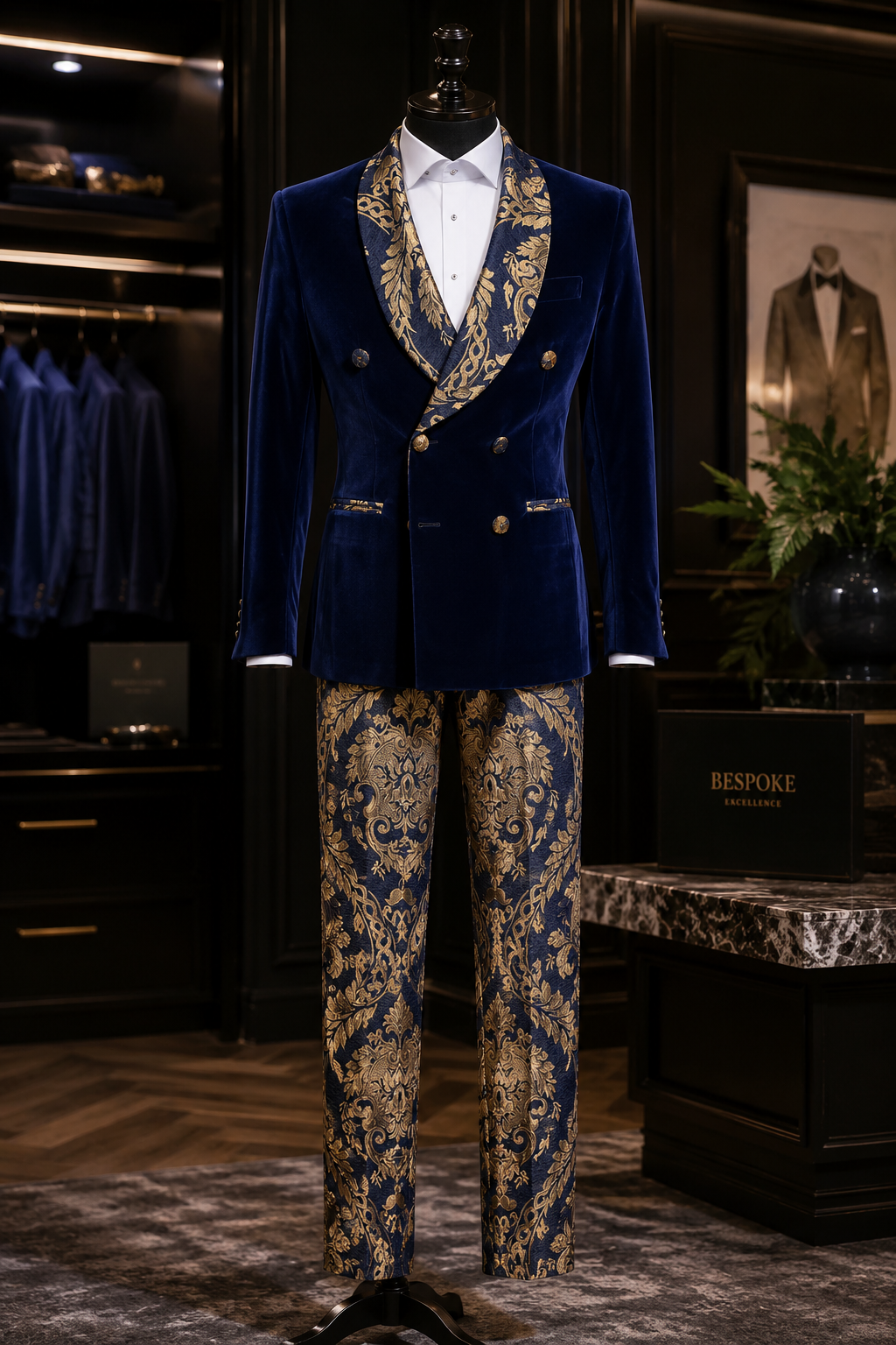 Men's Luxury Velvet Double Breasted Blazer Gold Leaf Design Shawl Lapel Pants 2 Piece Suit - ENE TRENDS -custom designed-personalized- tailored-suits-near me-shirt-clothes-dress-amazon-top-luxury-fashion-men-women-kids-streetwear-IG-best