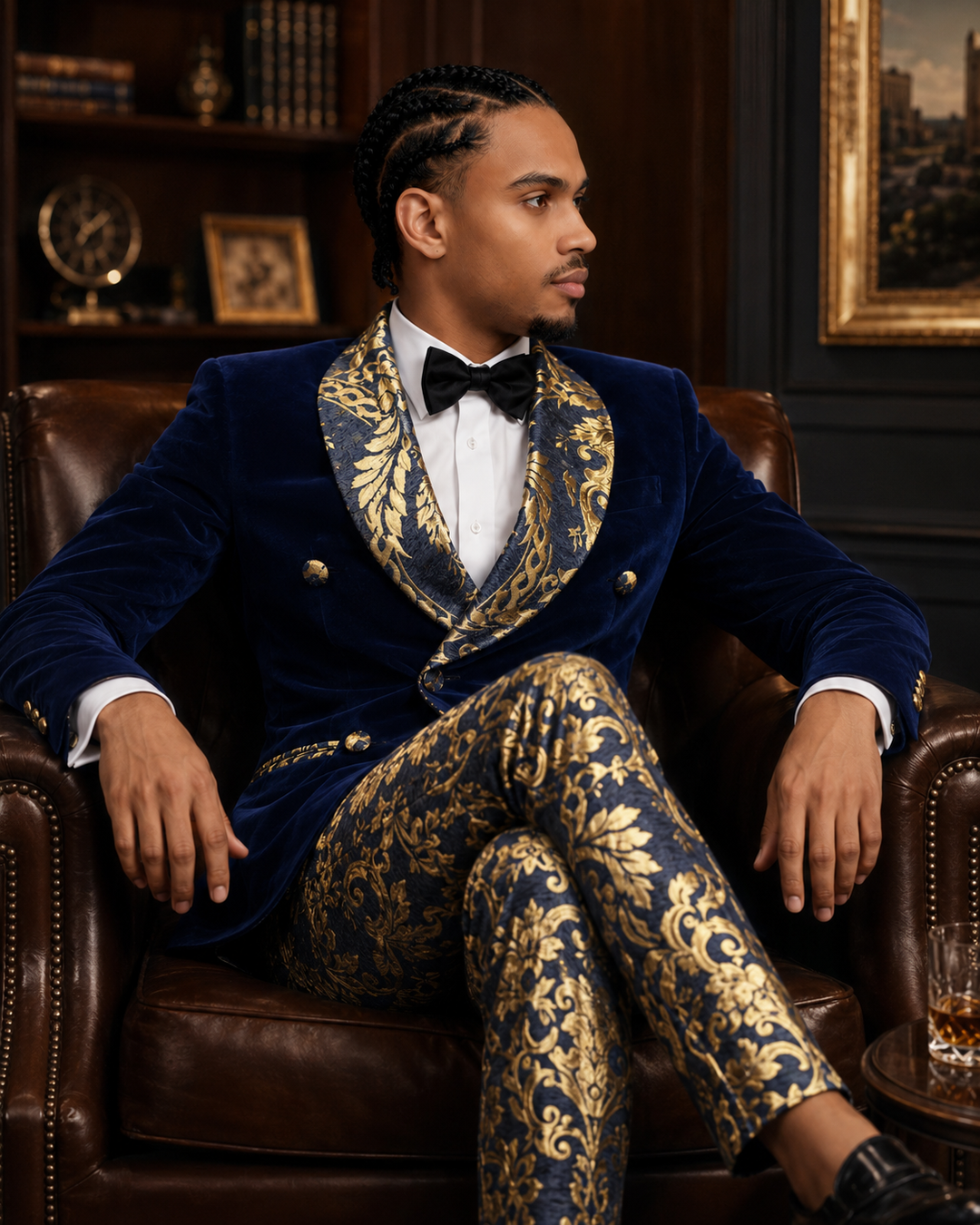 A man wearing an ornate navy blue velvet tuxedo with gold baroque-patterned lapels and matching trousers, seated in a brown leather armchair in a dark, elegant room.