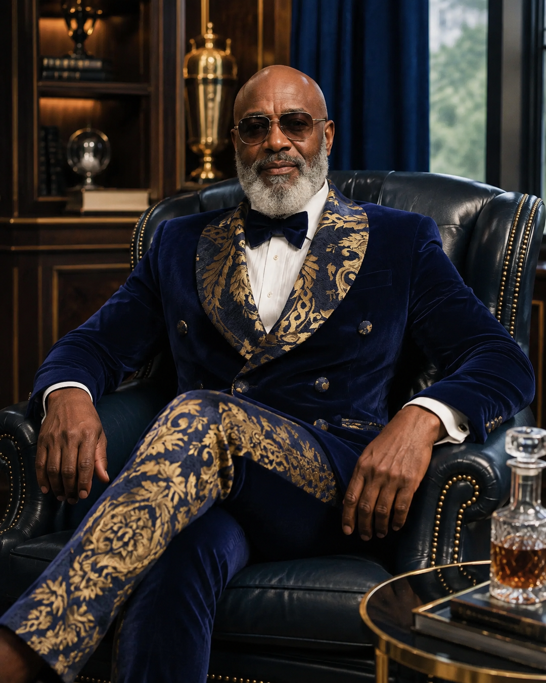 A man wearing an ornate navy blue velvet tuxedo with gold baroque-patterned lapels and matching trousers, seated in a brown leather armchair in a dark, elegant room. Best wedding suit, Bespoke