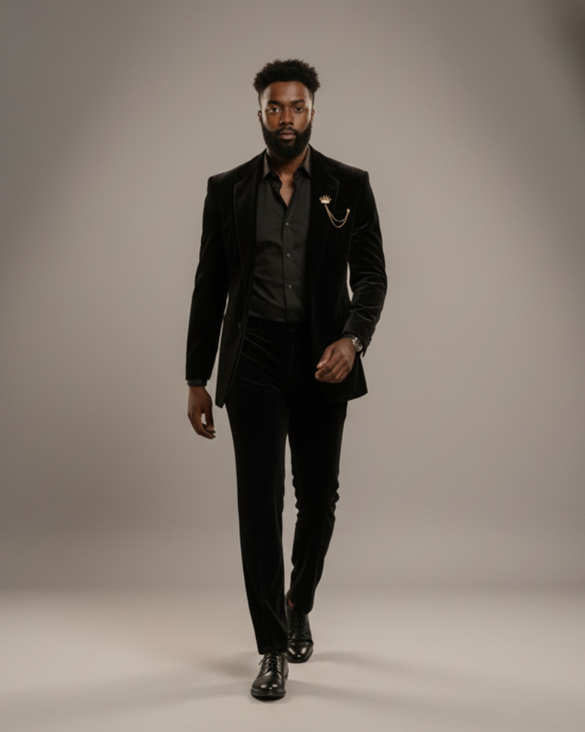 A male model walks down a runway wearing a black velvet suit with a black shirt, gold chain lapel pin, and pink lining visible on the jacket interior.