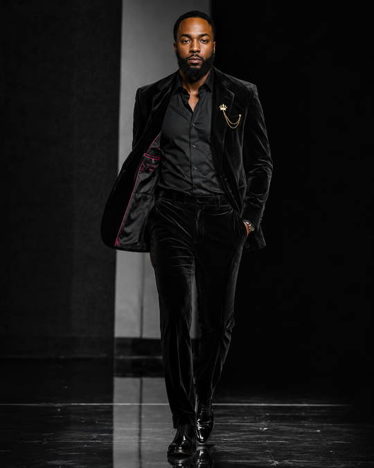A male model walks down a runway wearing a black velvet suit with a black shirt, gold chain lapel pin, and pink lining visible on the jacket interior.
