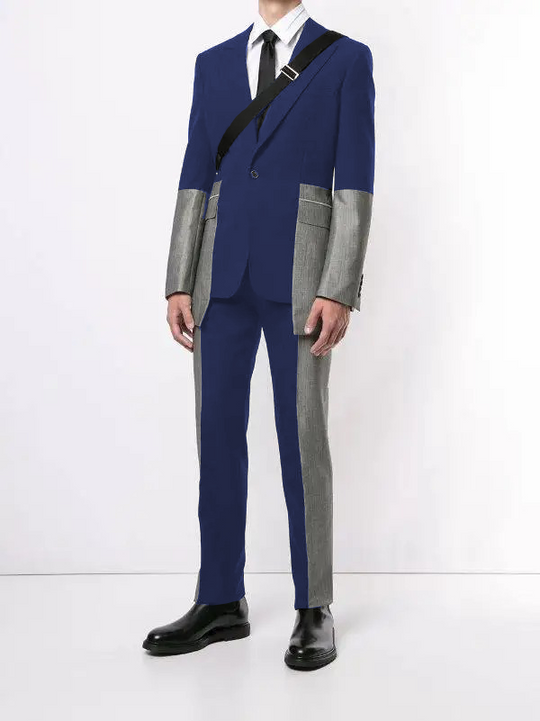 Navy Blue Color Gray Patchwork 2-piece Men's Suits