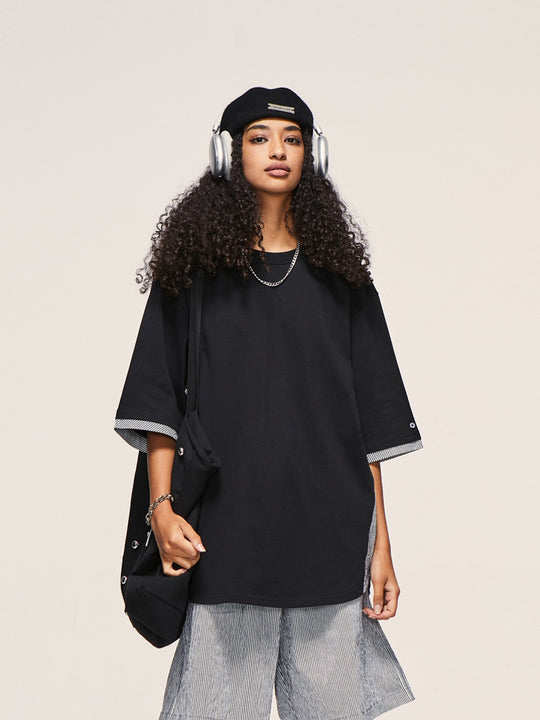 Royce Vintage Stripe Splicing Curved Hem T-shirt - ENE TRENDS -custom designed-personalized- tailored-suits-near me-shirt-clothes-dress-amazon-top-luxury-fashion-men-women-kids-streetwear-IG-best