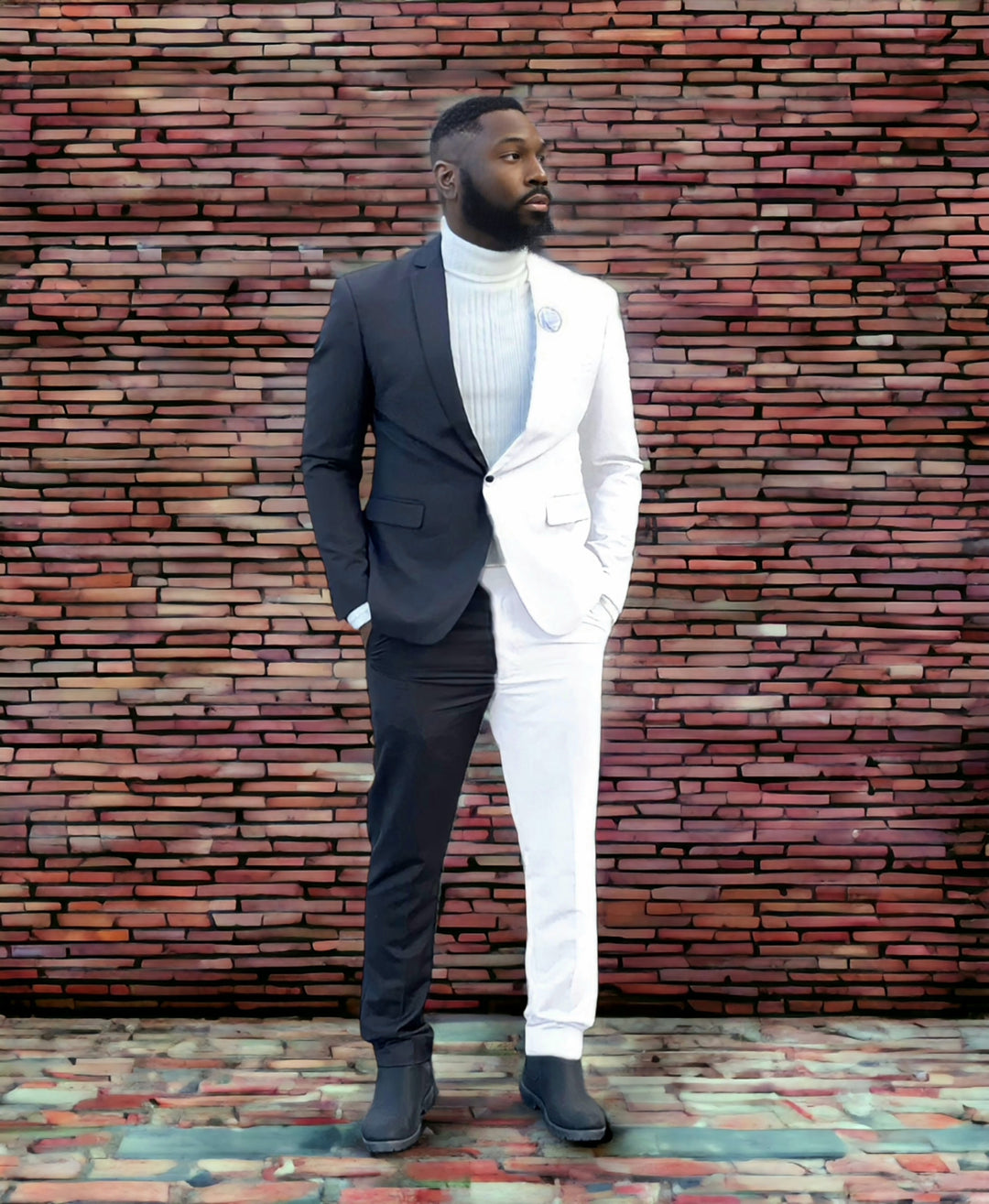 Black White Split Suit Custom made Slim fit Men