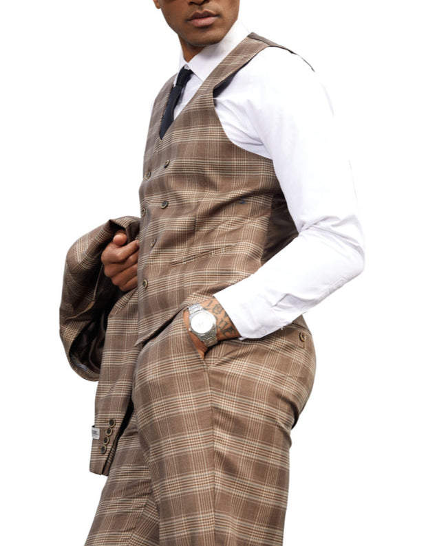 Mens Plaid Beige 3-Piece Suit Custom Tailor Made