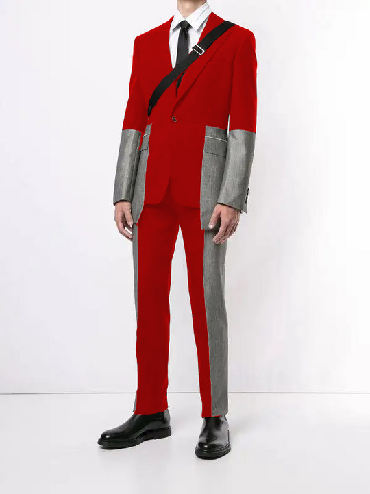 Color Gray Red Patchwork 2-piece Men's Suits