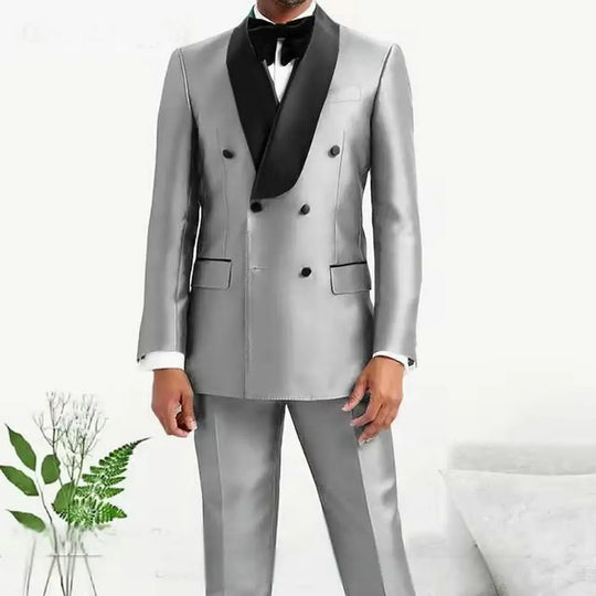 Silverfox Grey Satin Double Breasted Suit - Custom Made