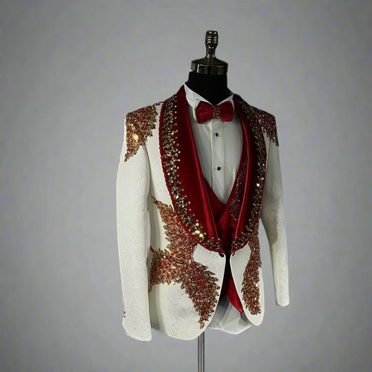 Men's Luxury White Jacquard Tuxedo w/ Red Lapel and Red Diamond Beading 2 Piece Blazer Pants - Custom Made