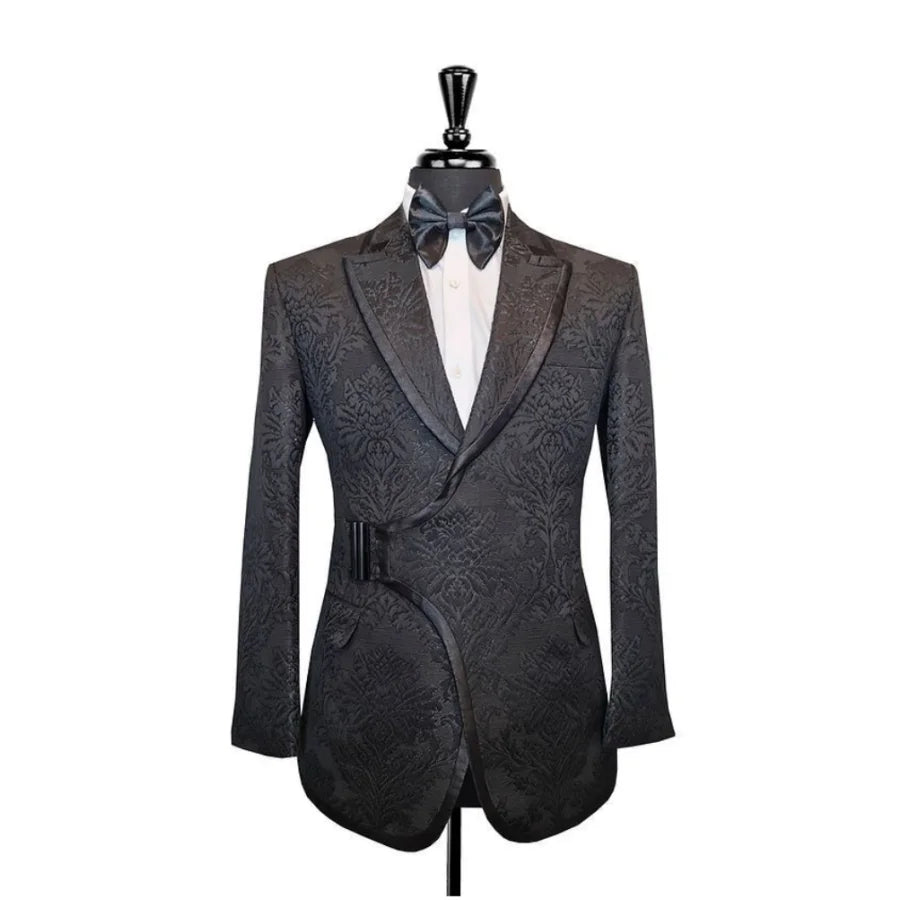 Luxury Black Jacquard Tuxedo Blazer w/ Side Buckle