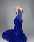 Luxury Royal Blue Prom Silver Diamonds Crystals Sequin Mermaid Gown