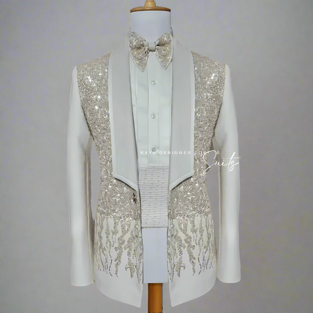 Men's Luxury White Crystal Beaded Formal 2 Piece Tuxedo Suit