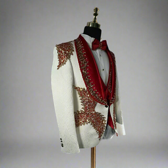 Men's Luxury White Jacquard Tuxedo w/ Red Lapel and Red Diamond Beading 2 Piece Blazer Pants - Custom Made