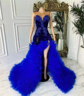 Classic Luxury Royal Blue Tiered Ruffle Sequins Crystal Rhinestones Bead Mermaid Gown