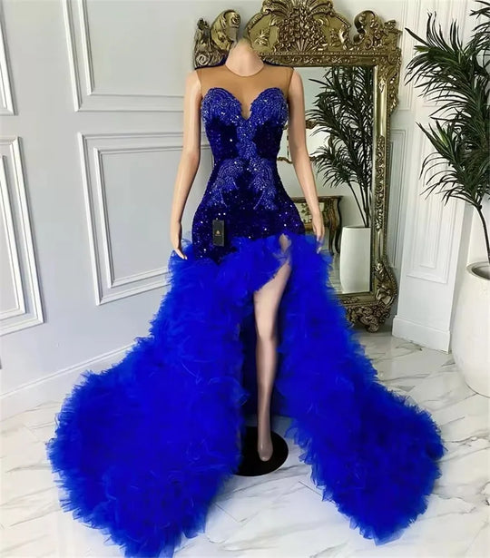 Classic Luxury Royal Blue Tiered Ruffle Sequins Crystal Rhinestones Bead Mermaid Gown