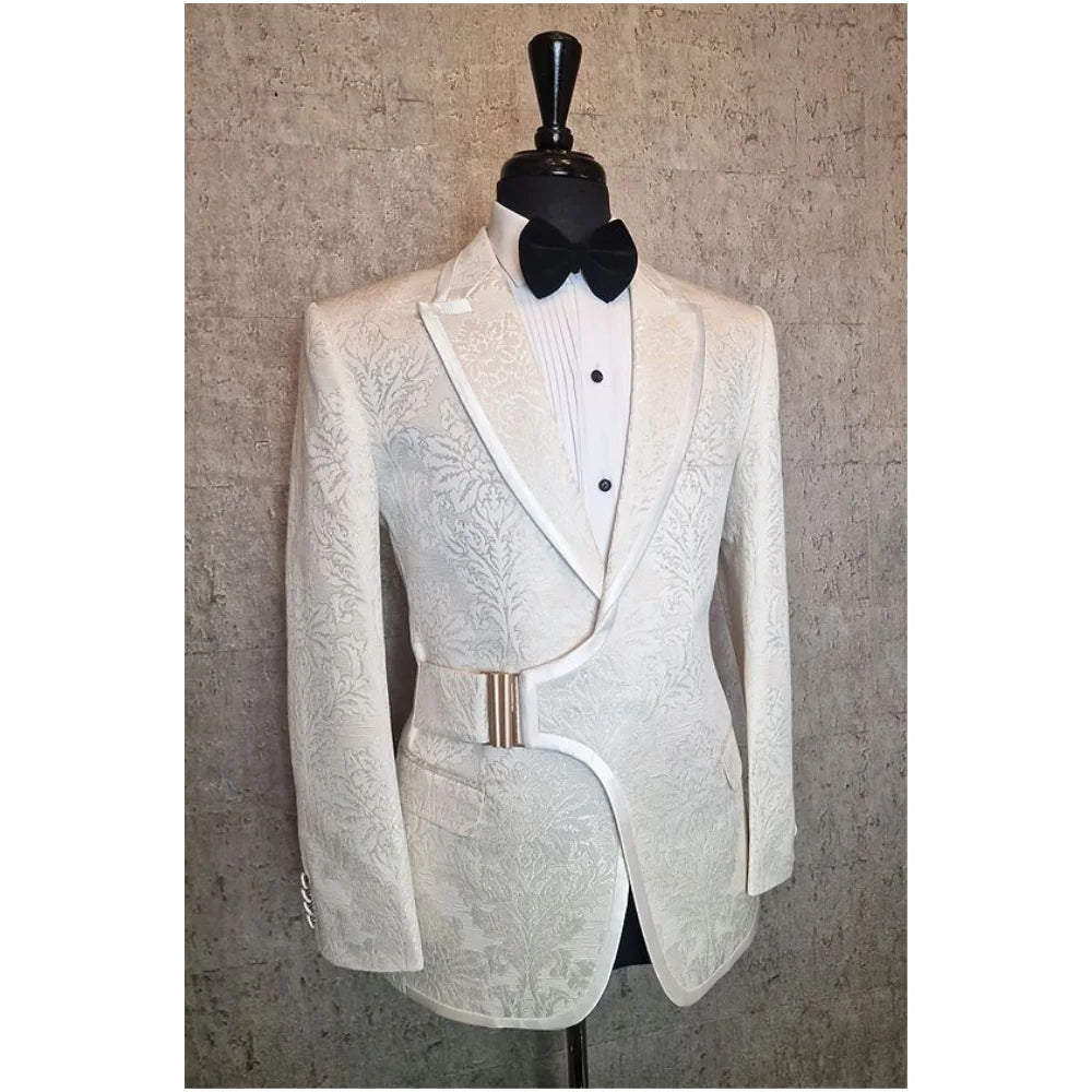 Luxury White Jacquard Tuxedo Blazer w/ Side Buckle