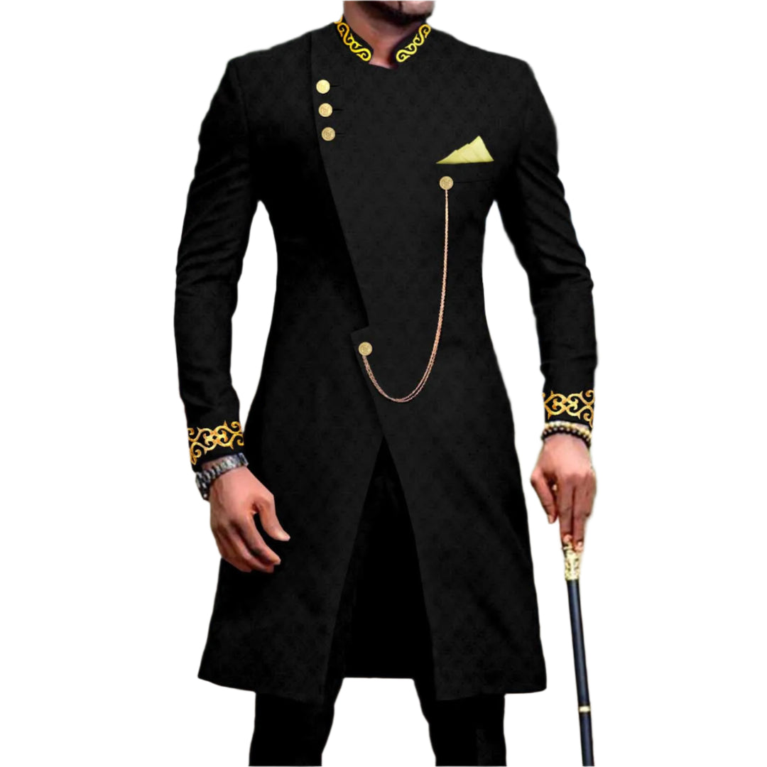 Luxury Mens Slim Fit Formal Dashiki Inspired Suit Two Piece Tuxedo w/ Gold Chain & Buttons, and Kerchief - Black