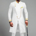 Luxury Mens Slim Fit Formal Dashiki Inspired Suit Two Piece Tuxedo w/ Gold Chain & Buttons, and Kerchief - White