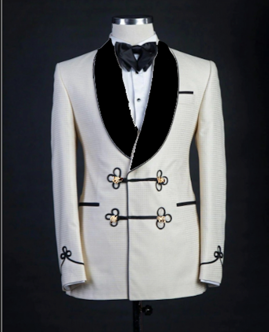 custom mens tuxedo_white_black_trim-special occation-ENE-trends-trending-wedding-perfect-pattern-quilted-gold button=black lapel- shall