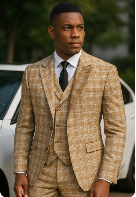 Mens Plaid Beige 3-Piece Suit Custom Tailor Made