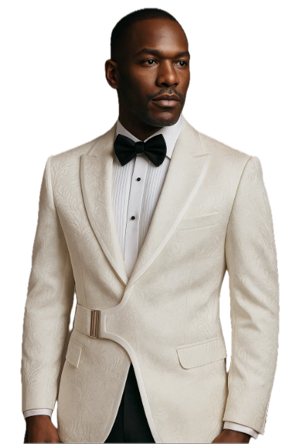 Luxury White Jacquard Tuxedo Blazer w/ Side Buckle