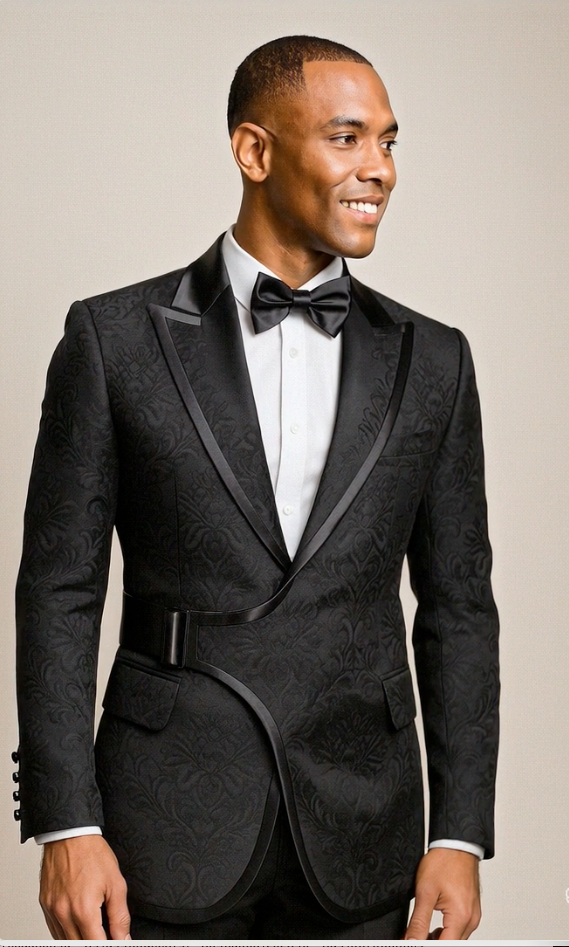 Luxury Black Jacquard Tuxedo Blazer w/ Side Buckle