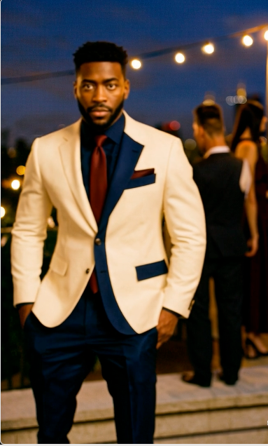 Navy Accent Cream Modern Suit – Sharp Contrast Lapel Edition