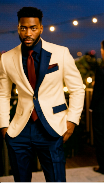 Navy Accent Cream Modern Suit – Sharp Contrast Lapel Edition