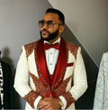 Men's Luxury White Jacquard Tuxedo w/ Red Lapel and Red Diamond Beading 2 Piece Blazer Pants - Custom Made