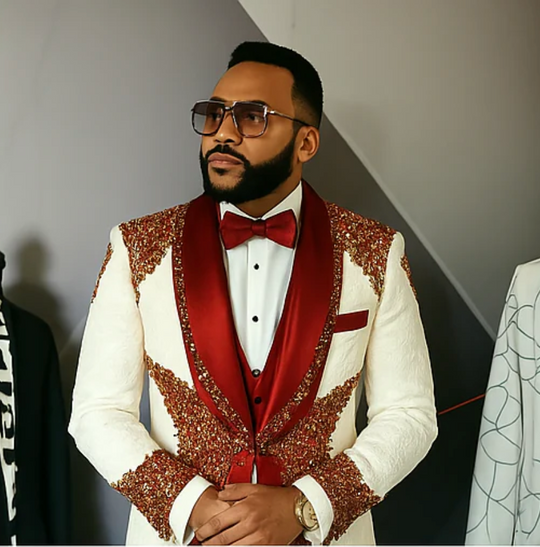 Men's Luxury White Jacquard Tuxedo w/ Red Lapel and Red Diamond Beading 2 Piece Blazer Pants - Custom Made