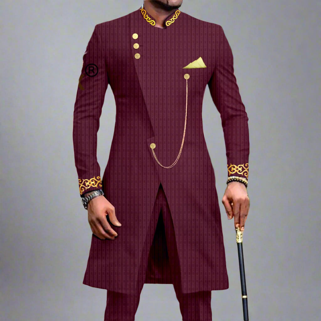 Luxury Mens Slim Fit Formal Dashiki Inspired Suit Two Piece Tuxedo w/ Gold Chain & Buttons, and Kerchief - Burgundy