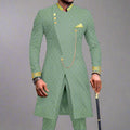 Luxury Mens Slim Fit Formal Dashiki Inspired Suit Two Piece Tuxedo w/ Gold Chain & Buttons, and Kerchief - Sage