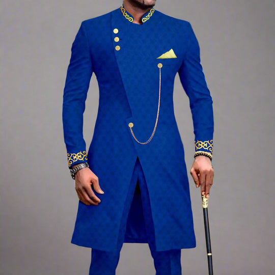 Luxury Mens Slim Fit Formal Dashiki Inspired Suit Two Piece Tuxedo w/ Gold Chain & Buttons, and Kerchief - Blue