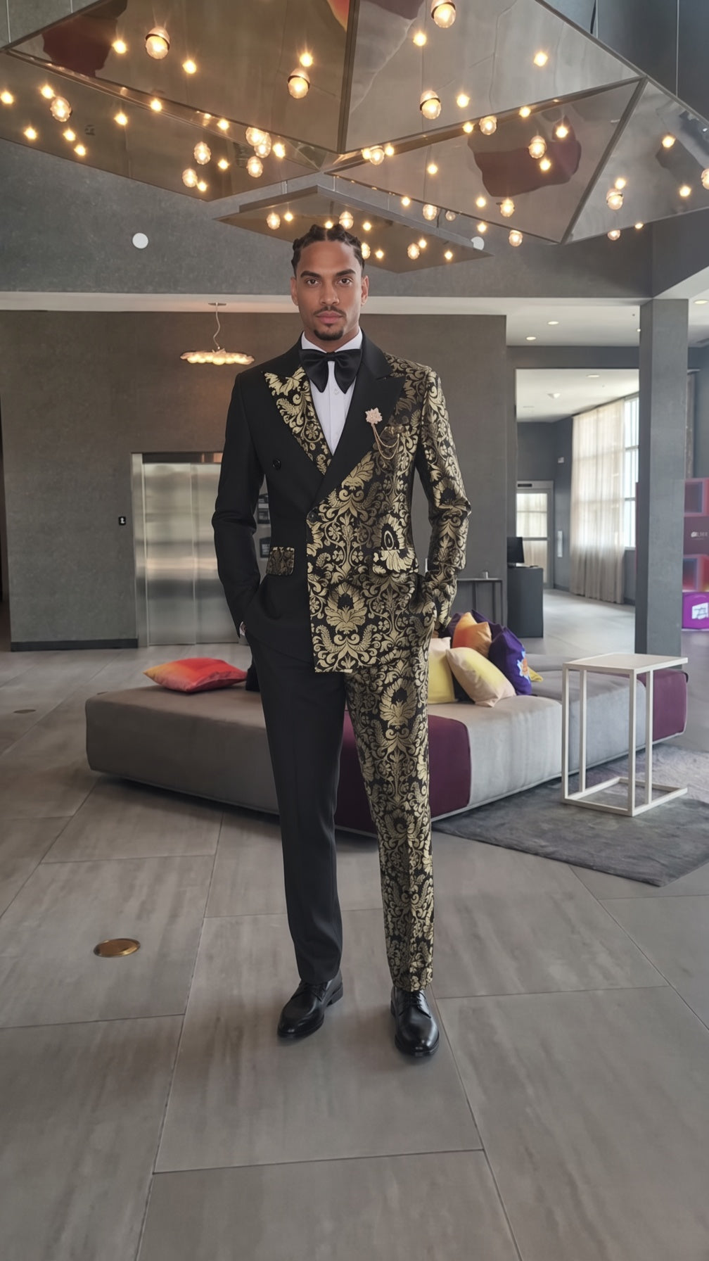 Stephen Double Breasted Gold Floral Jacquard Slim Fit Mens Suits
