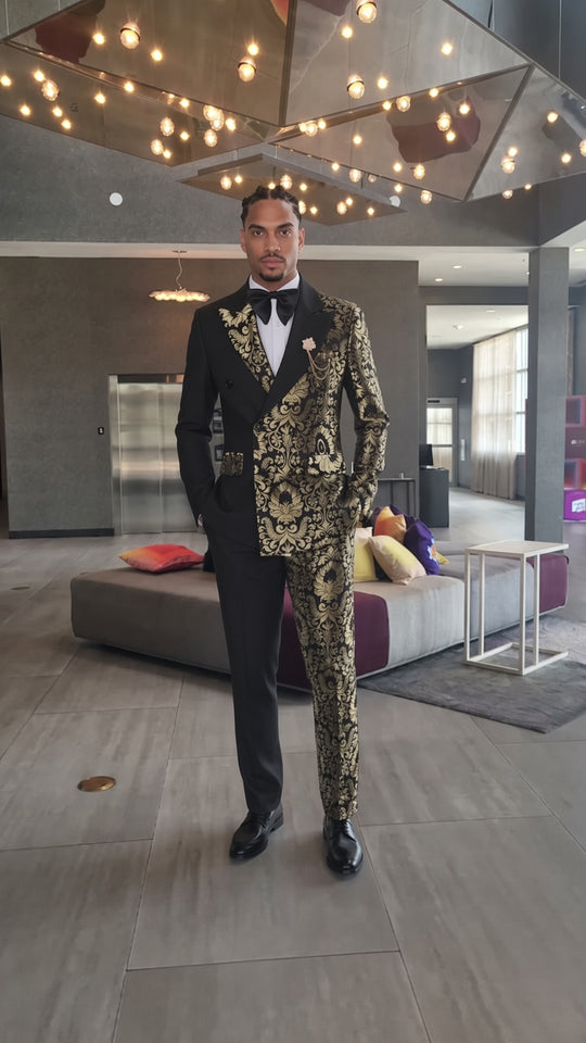 Stephen Double Breasted Gold Floral Jacquard Slim Fit Mens Suits