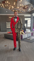 Stephen Double Breasted Gold Floral Jacquard Slim Fit Mens Suits