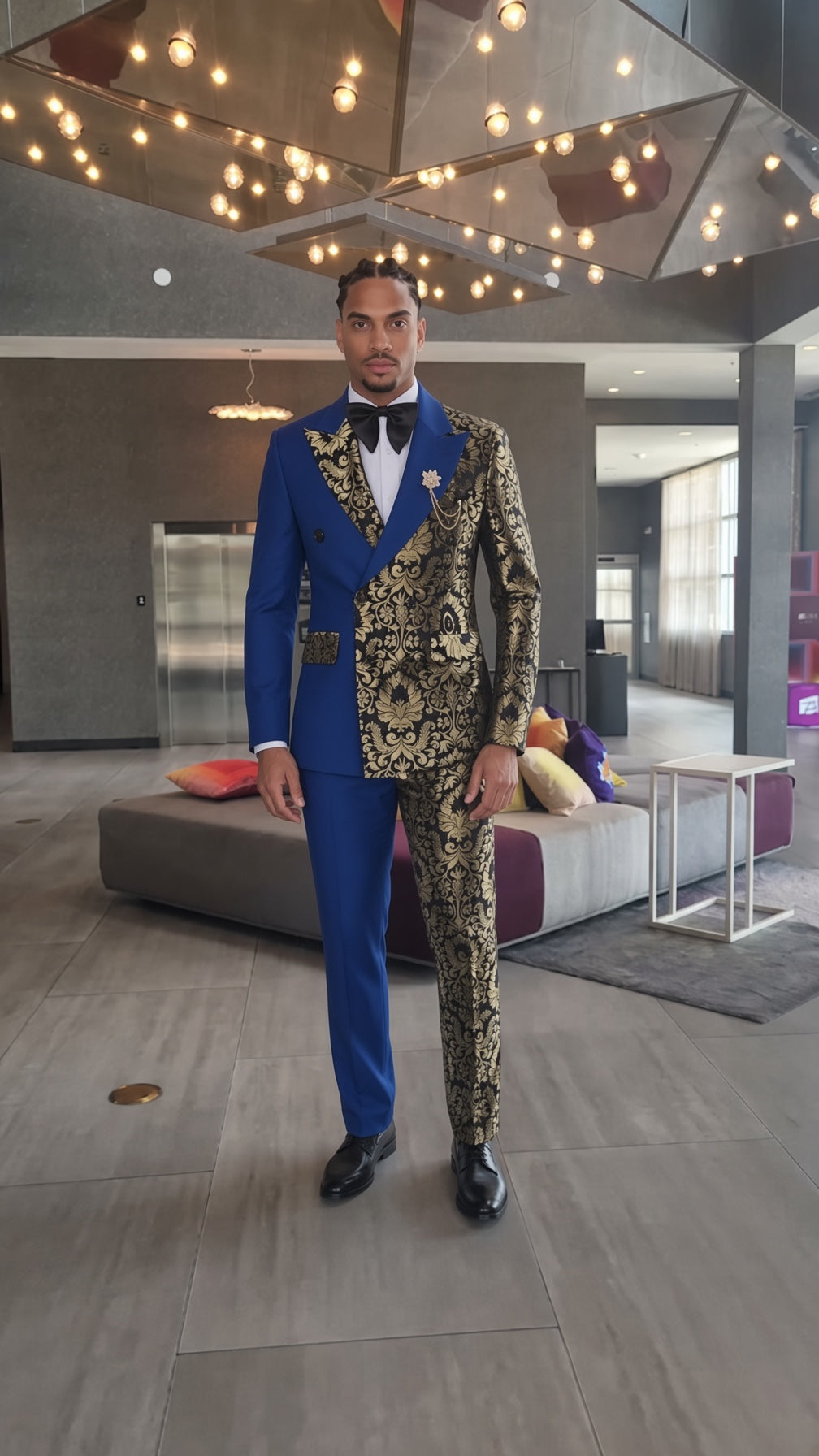 Stephen Double Breasted Gold Floral Jacquard Slim Fit Mens Suits