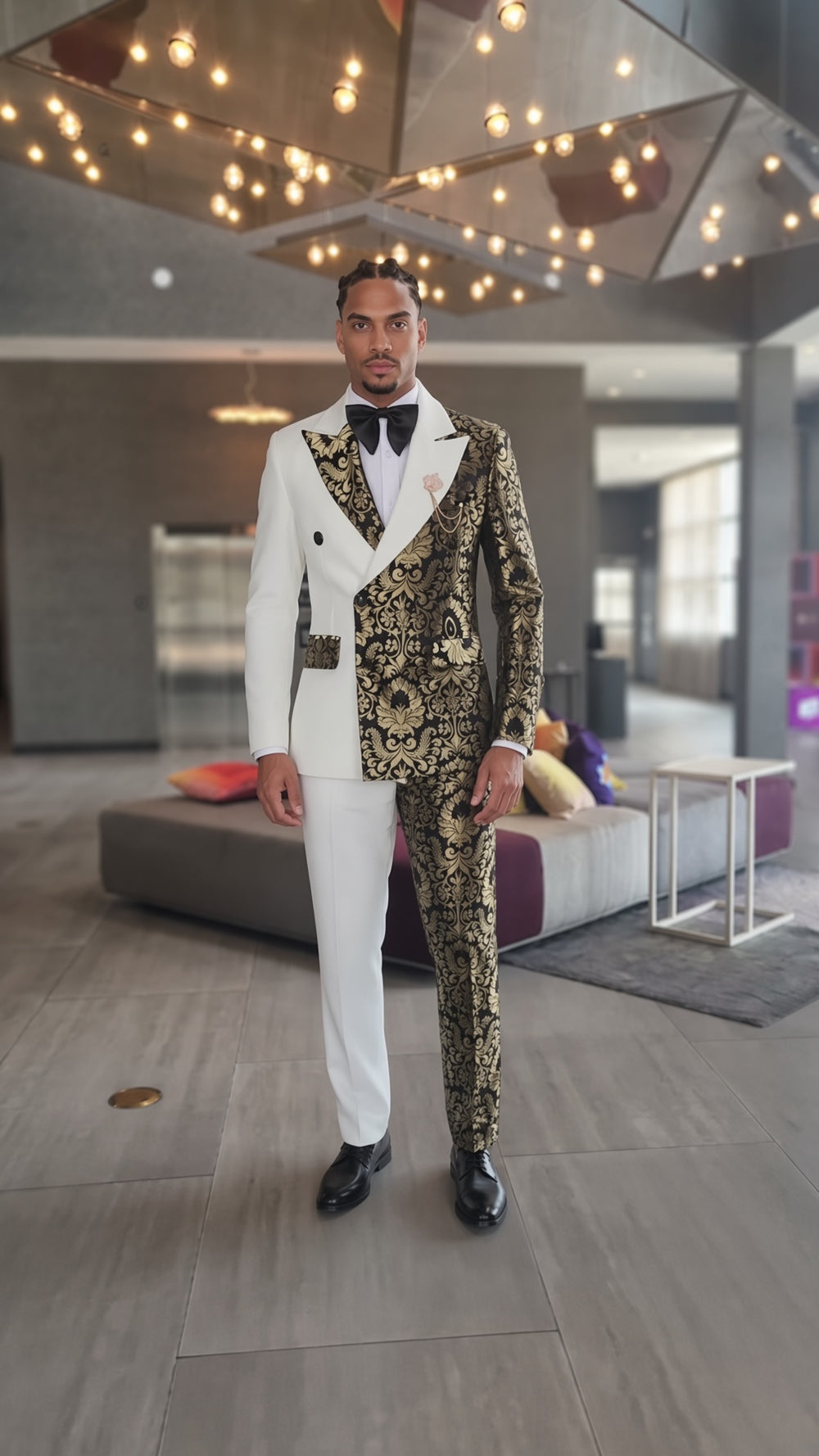 Stephen Double Breasted Gold Floral Jacquard Slim Fit Mens Suits