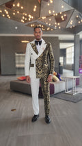 Stephen Double Breasted Gold Floral Jacquard Slim Fit Mens Suits
