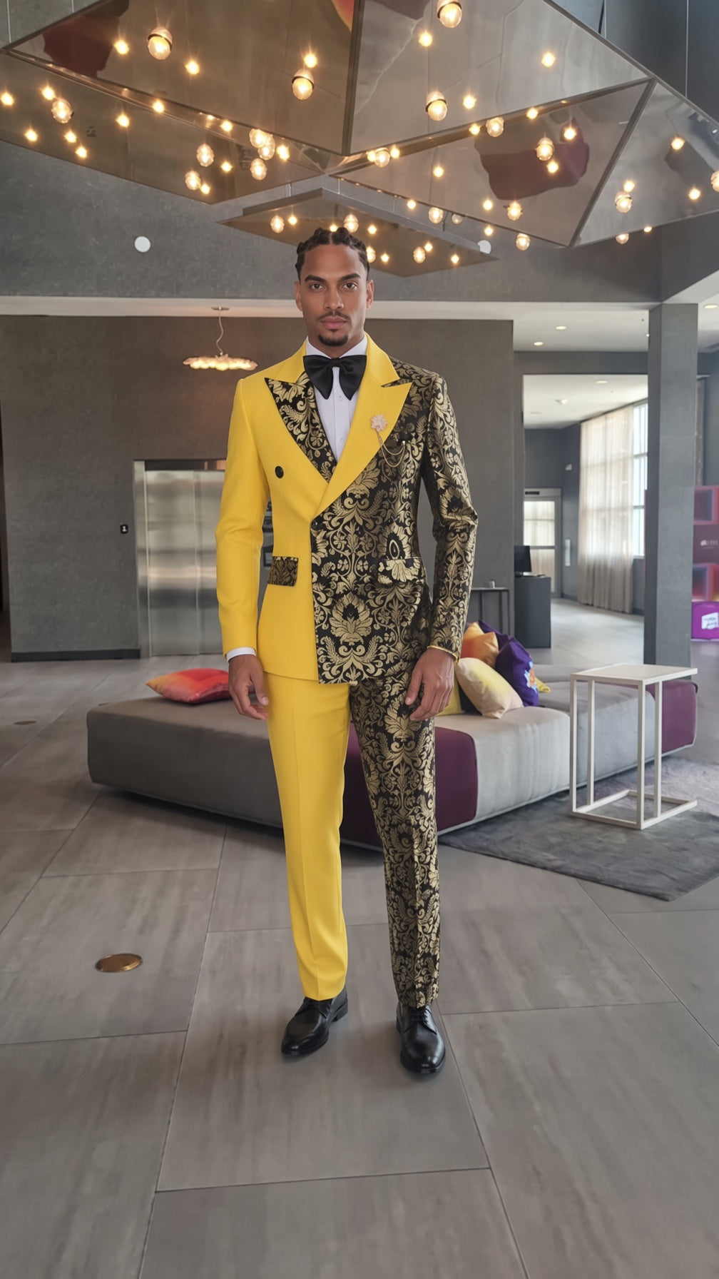 Stephen Double Breasted Gold Floral Jacquard Slim Fit Mens Suits
