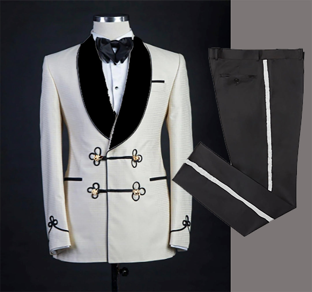 custom mens tuxedo_white_black_trim-special occation-ENE-trends-trending-wedding-perfect-pattern-quilted-gold button-custom pants-white-strip